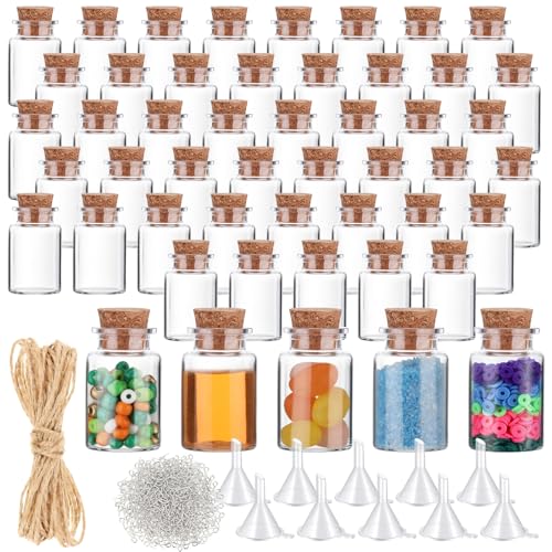 Bokon 50 Packs Mini Plastic Bottles with Corks Stoppers Eye Screws Funnels Small Potion Bottles Tiny Clear Sand Art Jar Wishing Vial for Birthday Party DIY Crafts Gift