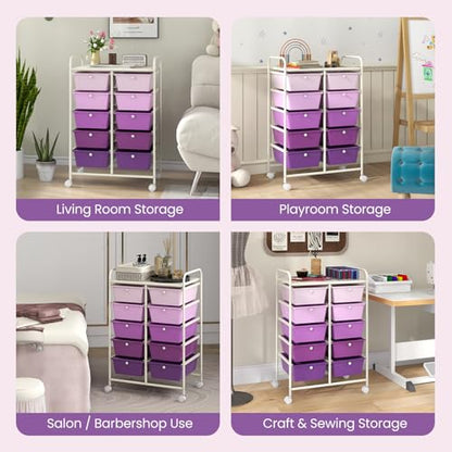 COSTWAY 10 Drawer Rolling Storage Cart, Utility Cart with Lockable Wheels - color: Purple Gradient, size: 10 Drawer