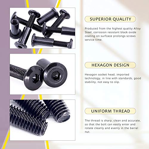 Swpeet 25Pcs M6x30mm Carbon Steel Black Hex Drive Socket Cap Bolts Barrel Nuts Assortment Kit with 1Pcs Allen Wrench, Screw Post Fit for Furniture Countsunk Belt Buckle Leather Binding Bolts - size: M6x30mm