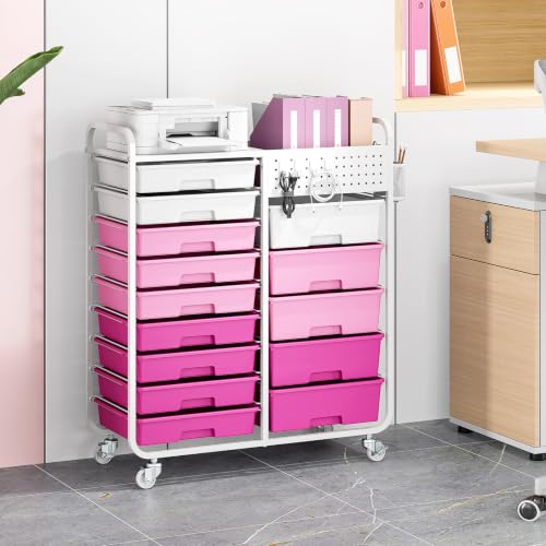 14 Drawer Rolling Storage Cart with Tabletop and Pegboard for Crafts Pink - color: Pink