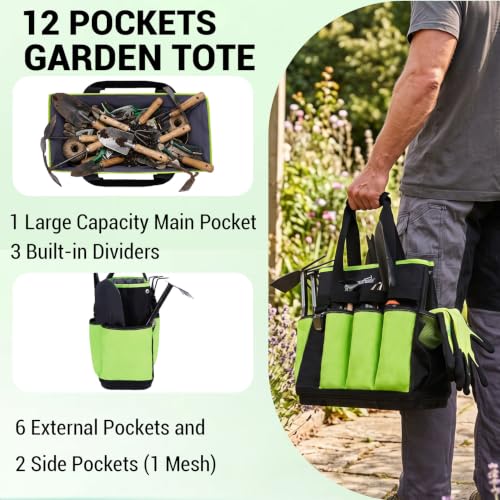 MELOTOUGH 12-Pocket Garden Tool Bag with Hard Bottom, Garden Caddy, Green - color: Green