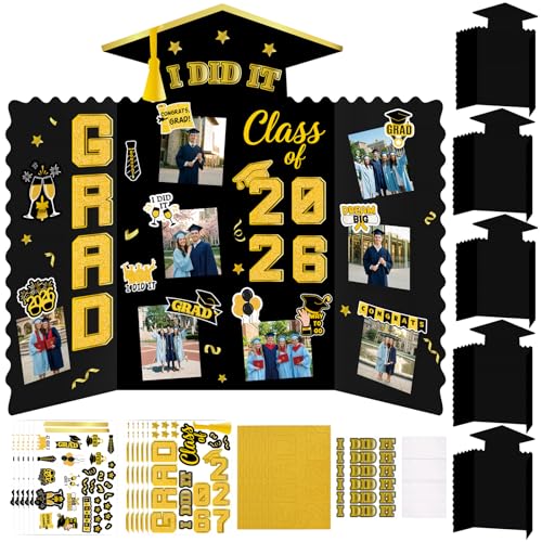 Moon Boat 5 Pack Graduation Decorations 2026 Trifold Poster Boards with Stickers Class of 2026 Grad Party Picture Display Supplies(Black Gold) - color: Black Gold