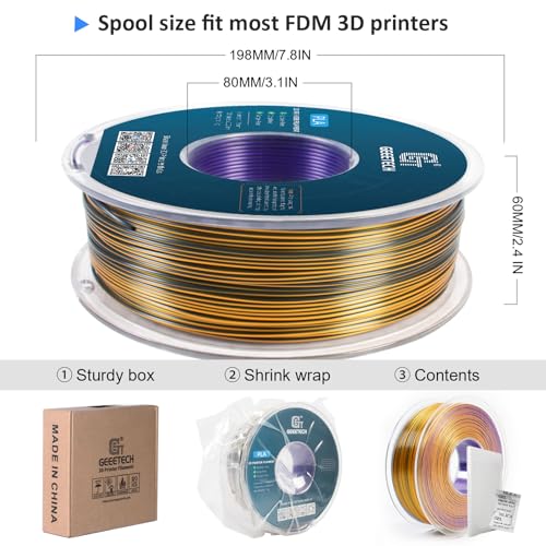 Geeetech Silk PLA Tri Color Filament 1.75mm 3D Printer Filament, Coextrusion Purple Gold Black Tri-Colors Metal-Like Shiny Silk PLA Filament, 1kg (2.2lbs) 1 Spool, Dimensional Accuracy +/- 0.02 mm - color: 1kg Triple Color Purple-gold-black