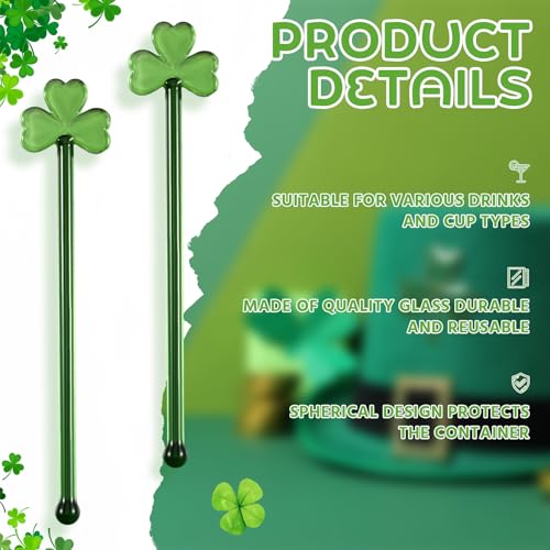 Qinyoung 12 Pcs St. Patrick's Day Glass Drink Stirrers 7 Inch Swizzle Sticks for Cocktails Coffee Reusable Green Shamrock Beverage Stir Sticks for Irish Festival Party Coffee Bar Kitchen Bar - style: Green Shamrock