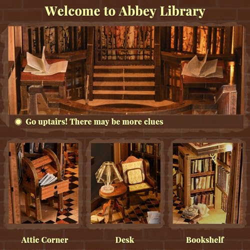 MiniCity Abbey Library Book Nook Kit, 3D Wooden Bookshelf Puzzle with LED - color: Abbey Library