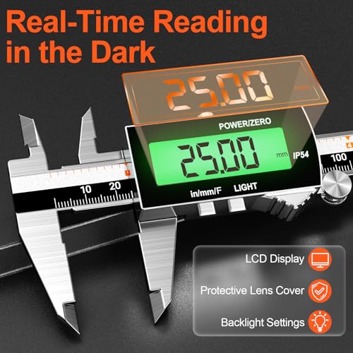 Preciva Backlight Digital Caliper,6inch IP54 Waterproof Rechargeable Electronic Micrometer with LCD Screen, Measurement Conversions for in/MM/F Precision Tool for DIY and Professional Use（Black） - color: Black