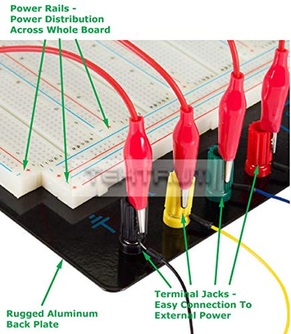 Tektrum Externally Powered Large Solderless 3220 Tie-Points Experiment Plug-in Breadboard with Aluminum Back Plate + Jumper Wires for Proto-Typing Circuit – Build Circuit Without Soldering