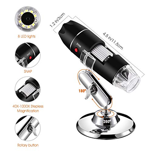 USB Digital Microscope 40X to 1000X, 8 LED Magnification Endoscope Camera with Carrying Case & Metal Stand, Compatible for Android Windows 7 8 10 11 Linux Mac (Not for iPhone/iPad)
