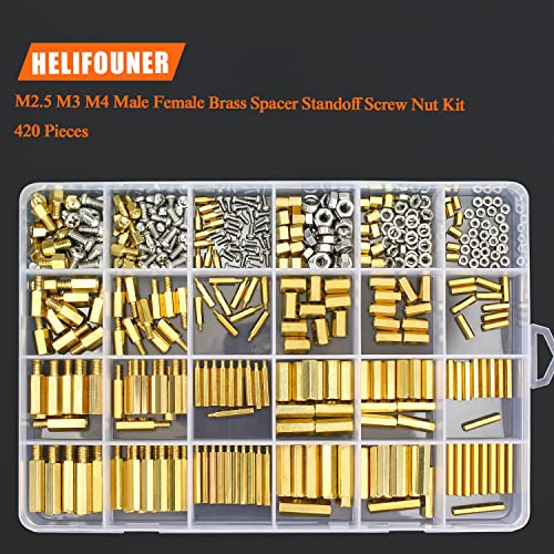 HELIFOUNER 420 Pieces M2.5 M3 M4 Male Female Hex Brass Spacers Standoffs Screws Nuts Assortment Kit with a Tweezers - size: M2.5 M3 M4 Brass Standoff Kit