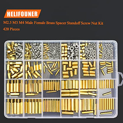 HELIFOUNER 420 Pieces M2.5 M3 M4 Male Female Hex Brass Spacers Standoffs Screws Nuts Assortment Kit with a Tweezers - size: M2.5 M3 M4 Brass Standoff Kit