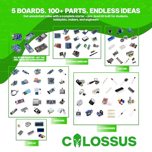 GAR Colossus Starter Kit for Arduino 5 Main Boards 30 Sensors (Uno R3, Mega 2560, Nano V3, ESP8266, ESP32) | 100+ Parts, IoT, Wireless & Smart Robot Car Projects Husky Tool Box + Tutorials