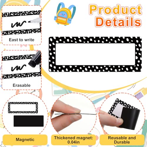 Eaasty 48 Pcs Dry Erase Magnetic Labels Reusable Magnetic Name Tag for Whiteboard Locker Fridge Classroom School Office Home(White Painted Dots on Black) - style: White Painted Dots on Black