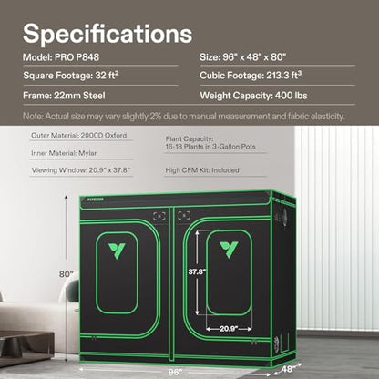 VIVOSUN P848 PRO Grow Tent 4x8 Large Indoor Grow Tents 96"x48"x 80" - size: 96"x48"x80"