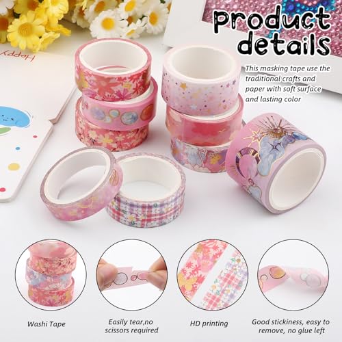 9 Rolls Gold Floral Washi Tape Set,Gold Foil Pink Floral Pattern Decorative Tape,Butterfly Star Decorative Masking Tapes for DIY Scrapbook Design Journaling Handbook Making Card Wrap Craft Gift - style: Pink flowers