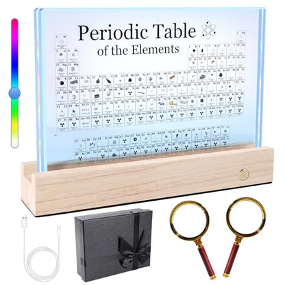 Rafecs Periodic Table with Real Elements Inside, Large Acrylic Periodic Table with Cordless LED Wooden Stand and Magnifier, Chemistry Gifts for Students, Kids, Teacher and Science Lovers