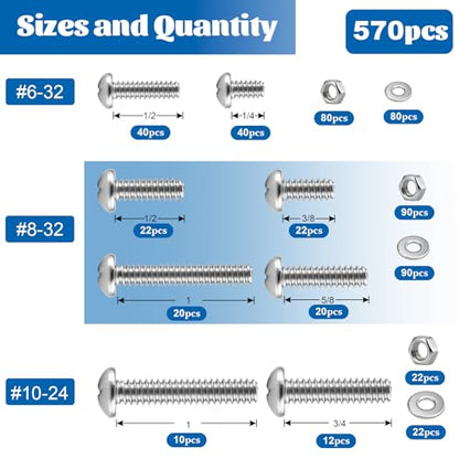570Pcs Phillips Pan Head Nuts and Bolts Assortment Kit#6-32#8-32#10-24 - size: SS #6#8#10 570PCS