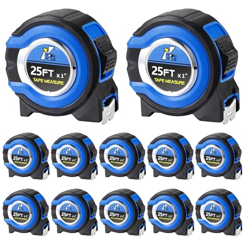 Youyole 12 Pack Tape Measure with Fractions 1/8 Steel Measuring Tape Retractable Easy Read Measurement Ruler Steel Power Blade (25 ft X 1 in,Blue) - color: Blue