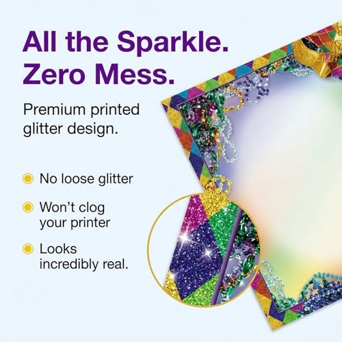 PaperDirect Bourbon Street Mardi Gras Border Paper, Multicolor Harlequin Glitter Print with Mask and Beads Design, 8.5 x 11, Acid-Free, Stationery for Party Invitations, Cards, 25 Sheets - color: Bourbon Street