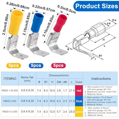 ANCIRS 15pcs Semi-Insulated Piggyback Spade Connectors, 3 Models, 3 Colors - size: 22-10 AWG
