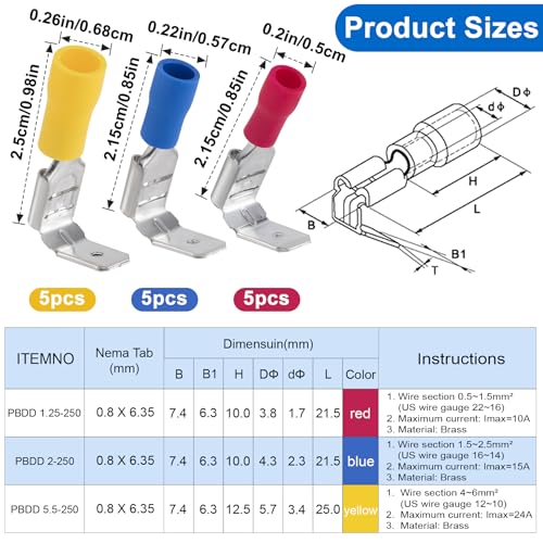 ANCIRS 15pcs Semi-Insulated Piggyback Spade Connectors, 3 Models, 3 Colors - size: 22-10 AWG