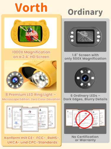 1000X Handheld Digital Microscope for Kids, 2.4" IPS Screen STEM Toys - color: Yellow