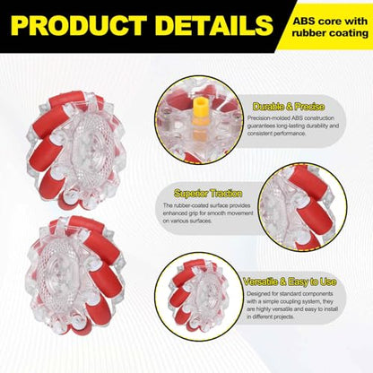 MECCANIXITY 1Set Mecanum Wheels Set with Hexagonal Universal Pins and Screws, 66mm / 2.6" ABS Rubber Omnidirectional Wheels for Smart Robot Car Parts DIY Models Accessories, Red