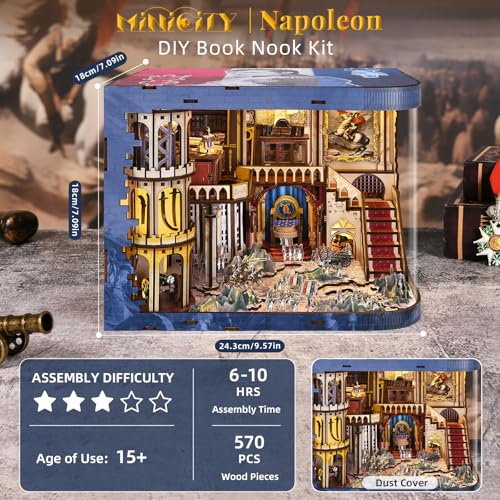 MiniCity Napoleon DIY Book Nook Kit, Wooden 3D Bookshelf Insert with LED - color: Napoléon