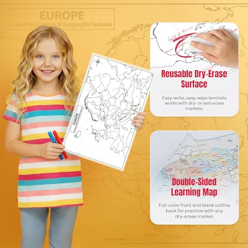 Europe Map 11x17 Laminated Dry Erase Geography Chart | Double-Sided with Color Front & Blank Outline Back | Reusable Classroom & Homeschool Tool - color: Europe