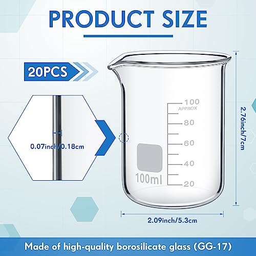 Tanlade 20 Pcs Glass Lab Beakers, Borosilicate Graduated, 100ml