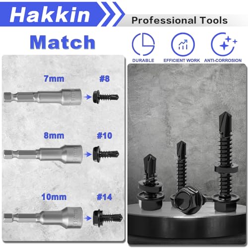 #8#10#14 470Pcs Self Drilling Screws for Metal, Hakkin Self Tapping Tek Screw Assortment Kit, Black Oxide 410 Stainless Steel Sheet Metal Screws Hex Washer Head 1/2" 3/4" 1" 1-1/2", Socket Included - size: M. #8#10#14