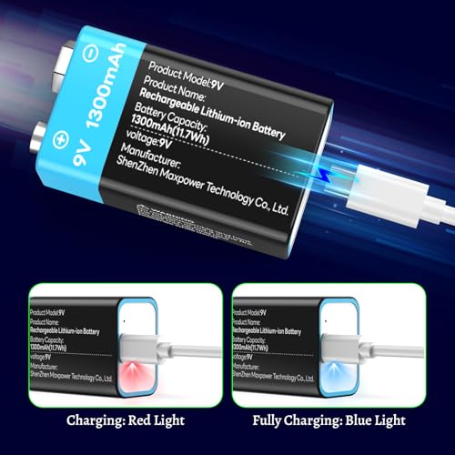 2-Pack 1300mAh Rechargeable 9V Batteries, 9 Volt Lithium-ion Square Battery Long Lasting Power+Clip Connector and Storage Box for Smoke Alarms, Student Experiment or Other Equipment - size: 2Pcs