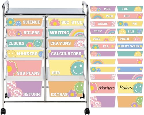 48 PCS Rolling Cart Labels Preppy Drawer Rolling Storage Cart Labels Patch Classroom Decorations Teacher Must Have 10 and 12 Drawers Carts Label for Teachers Office Classroom Organization - style: Preppy