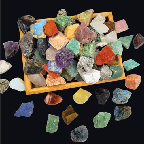 SeeuFun 80+Pcs(5lb) Natural Rocks for Tumbling,28Kinds+ Bulk Gemstone Raw Crystals Rough Stones for Polishing Wicca & Reiki Crystal Healing 1''-2''