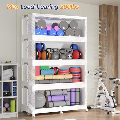 960QT Extra Large Stackable Storage Bins with Lid, 240Gal Plastic Closet Organizers and Storage Drawer, Collapsible Cabinet Box with Wheels Clear Doors for Home Kitchen Office, 3Pack White - size: 320QT