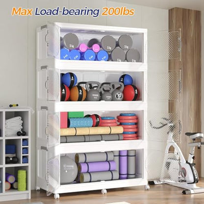 960QT Extra Large Stackable Storage Bins with Lid, 240Gal Plastic Closet Organizers and Storage Drawer, Collapsible Cabinet Box with Wheels Clear Doors for Home Kitchen Office, 3Pack White - size: 320QT