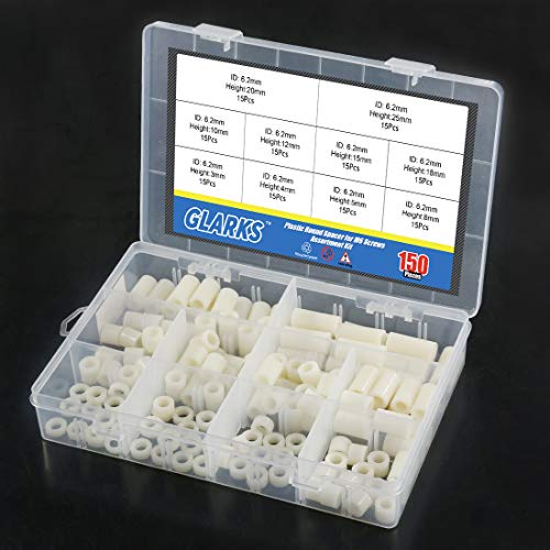 Glaks 150Pcs 10 Sizes Nylon Round Spacer Assortment Kit, OD 11mm ID 6.2mm for M6 Screws, Round Straight Tube, Nylon Standoff (3mm, 4mm, 5mm, 8mm, 10mm, 12mm, 15mm, 18mm, 20mm, 25mm)