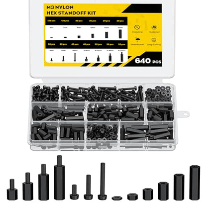 Vibit 640 Pcs M3 Nylon Standoff Kit, Male-Female & Female-Female Hex Motherboard Standoffs PCB Standoffs with Screws, Hex Standoff Screws Spacers Assortment Kit, Threaded Pillars for Circuit Boards - size: M3,640Pcs(Nylon)