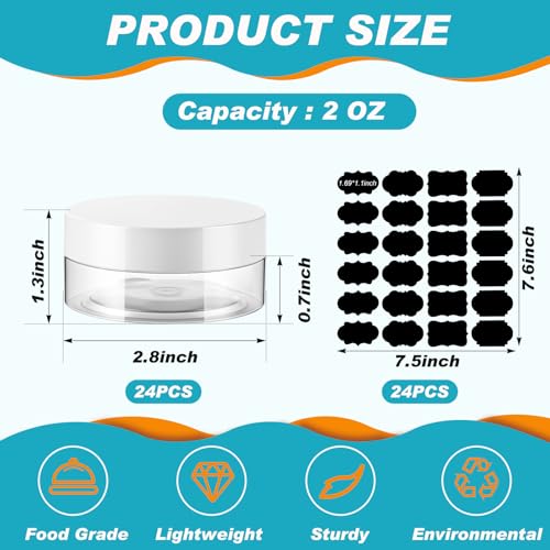 24 Pack 2 oz Clear PET Jars with White Lids and Labels for Travel Creams - color: Clear with White Lid, size: 2 oz