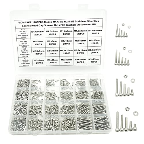 1200PCS M1.6-M3 304 SS Socket Head Cap Screws Nuts & Washers Kit - size: M1.6M2M2.5M3