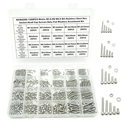 1200PCS M1.6-M3 304 SS Socket Head Cap Screws Nuts & Washers Kit - size: M1.6M2M2.5M3