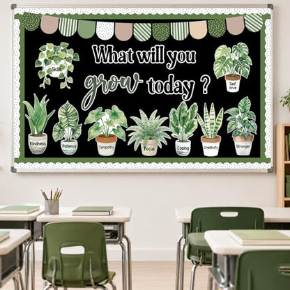 Plant Bulletin Board Decorations Set Inspirational Greenery Eucalyptus Classroom Decor What Will You Grow Today Growth Mindset Paper Cutouts for Back to School Teacher Home Wall Door Party Supplies - style: Plant