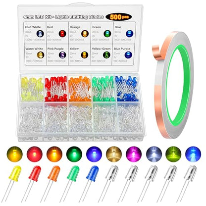 500pcs 10 Colors 5mm LED Light Diode, 20M Copper Foil Conductive Tape