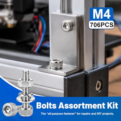 706PCS M4 Socket Screws Nuts Washers Kit, M4x6/8/10/12/16/20/25/30 mm - size: SS M4 706PCS
