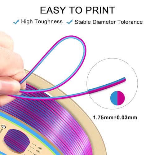 YOUSU Silk PLA Filament 1.75mm, 3D Printer Filament Dual Color Coextrusion Filament Silk Rose-Red Blue Color Change PLA, Compatible with Most of 3D Printer. - color: 2-pink/Blue