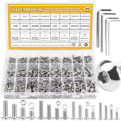 815 Pieces M3 M4 M5 M6 Button Head Socket Cap Screws Nuts Washers Assortment Kit, Metric Screw Assortment with Hex Wrenches, 304 Stainless Steel, Fully Threaded - size: M3M4M5M6 (815 Pieces), style: Button Head