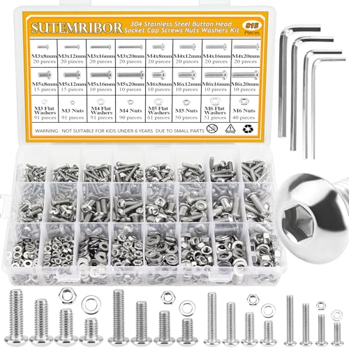 815 Pieces M3 M4 M5 M6 Button Head Socket Cap Screws Nuts Washers Assortment Kit, Metric Screw Assortment with Hex Wrenches, 304 Stainless Steel, Fully Threaded - size: M3M4M5M6 (815 Pieces), style: Button Head