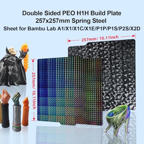 IdeaFormer Double Sided Textured PEO H1H Build Plate for Bambu Lab X2D/X1/X1C/X1E/P1P/P1S/P2S/A1, Flexible Diamond PEO+Phantom H1H Spring Steel Plate 257x257mm for Bambu 3D Printers - color: Diamond PEO+Phantom H1H
