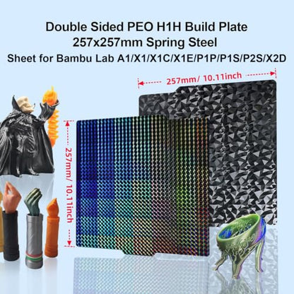 IdeaFormer Double Sided Textured PEO H1H Build Plate for Bambu Lab X2D/X1/X1C/X1E/P1P/P1S/P2S/A1, Flexible Diamond PEO+Phantom H1H Spring Steel Plate 257x257mm for Bambu 3D Printers - color: Diamond PEO+Phantom H1H