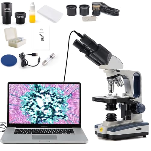 Swift Digital Binocular Compound Microscope 40X-2500X, with 5MP USB Camera, Two-Layer Mechanical Stage and Software Windows and Mac Compatible and Slides,Siedentopf Head,Research-Grade - style: SW350B+5MP Camera