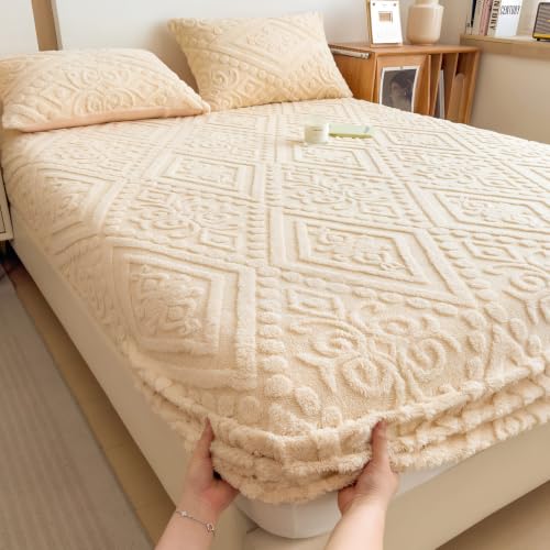 European Damask Embossed Plush Fitted Sheet,Twin,Off-White,39x75inch - color: Off-white, size: Twin(39"×75")